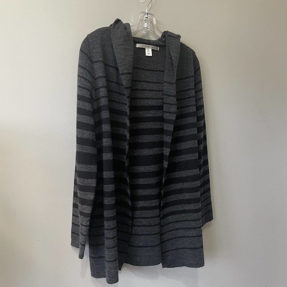 Max Studio Hooded Cardigan Sweater Women's Medium Black Grey Striped Merino Wool - Picture 2 of 5